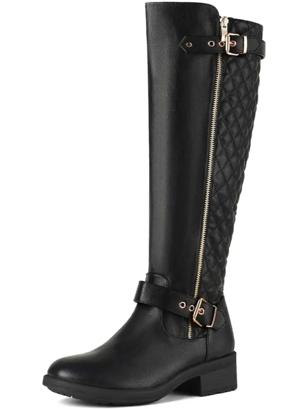 Women's Black Comfortable Chunky Block Heel Round Toe Side Zipper Knee High Boot